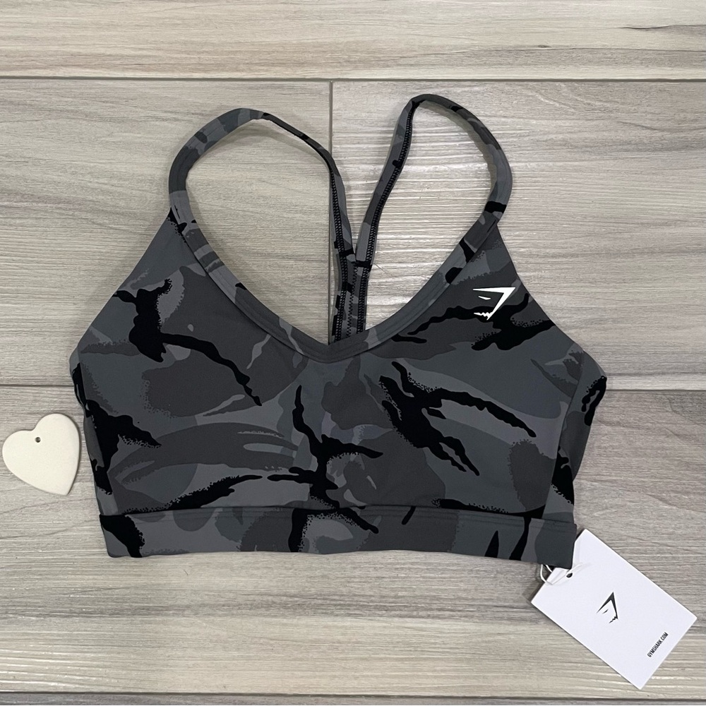 NWT GYMSHARK Grey Legacy Printed Racerback Sports Bra Light Support - Size XS